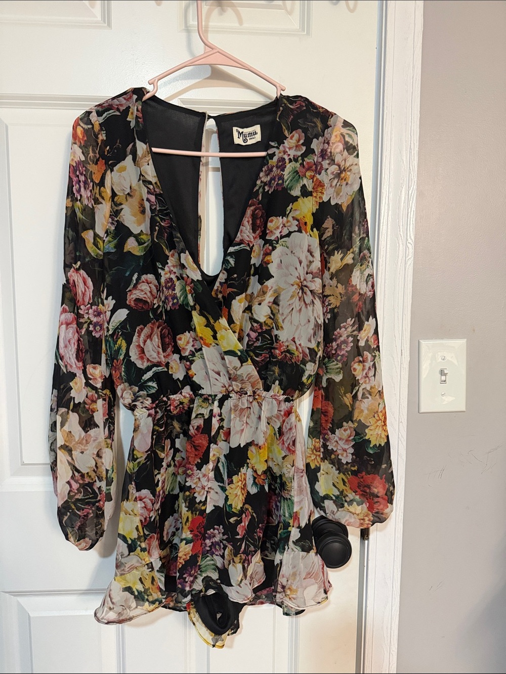 Show Me Your MuMu Black Sheer Floral Romper with Multicolor Blooms